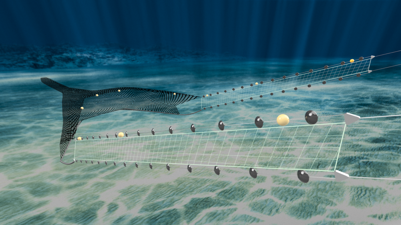 Hydropucks spaced along an open trawl net underwater.