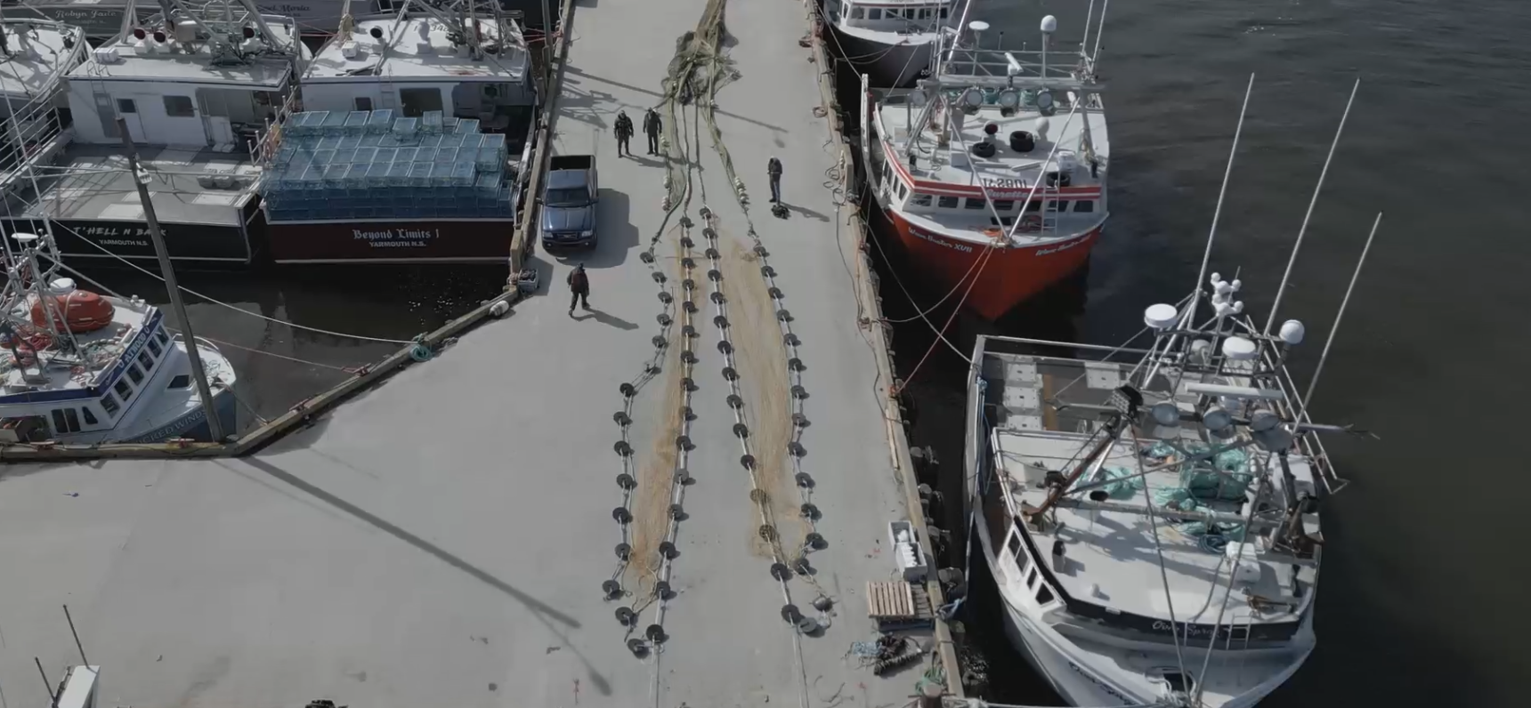 Birds-eye view of trawl nets on a wharf, with Hydropucks along the headline.